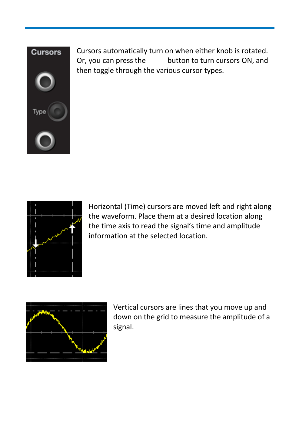 Turning on cursors, Cursor types, Horizontal (time) | Vertical (amplitude) | Teledyne LeCroy WaveSurfer MXs-B Getting Started Manual User Manual | Page 51 / 126