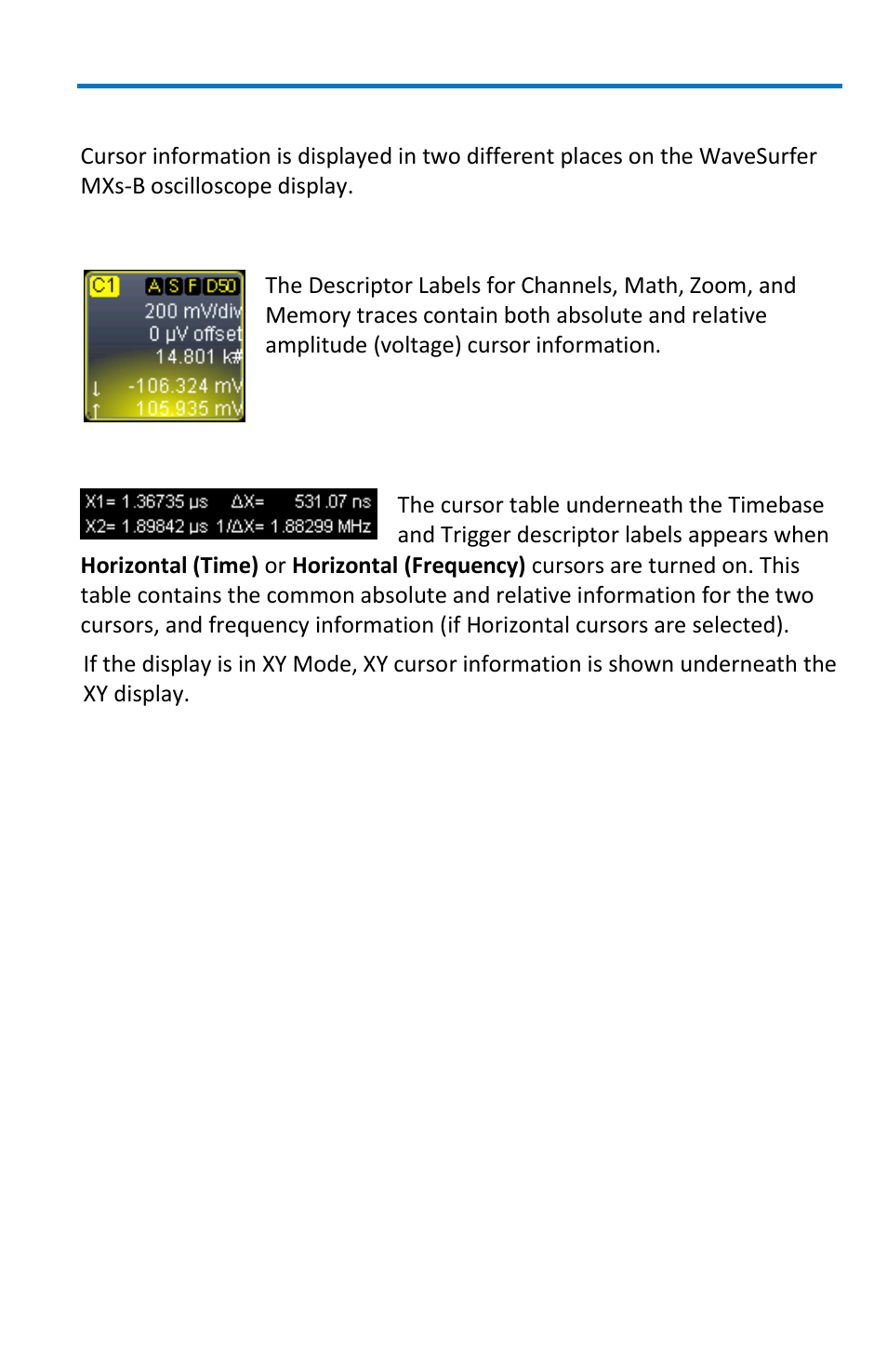 Reading cursor information, Descriptor labels, Cursor table | Teledyne LeCroy WaveSurfer MXs-B Getting Started Manual User Manual | Page 53 / 126