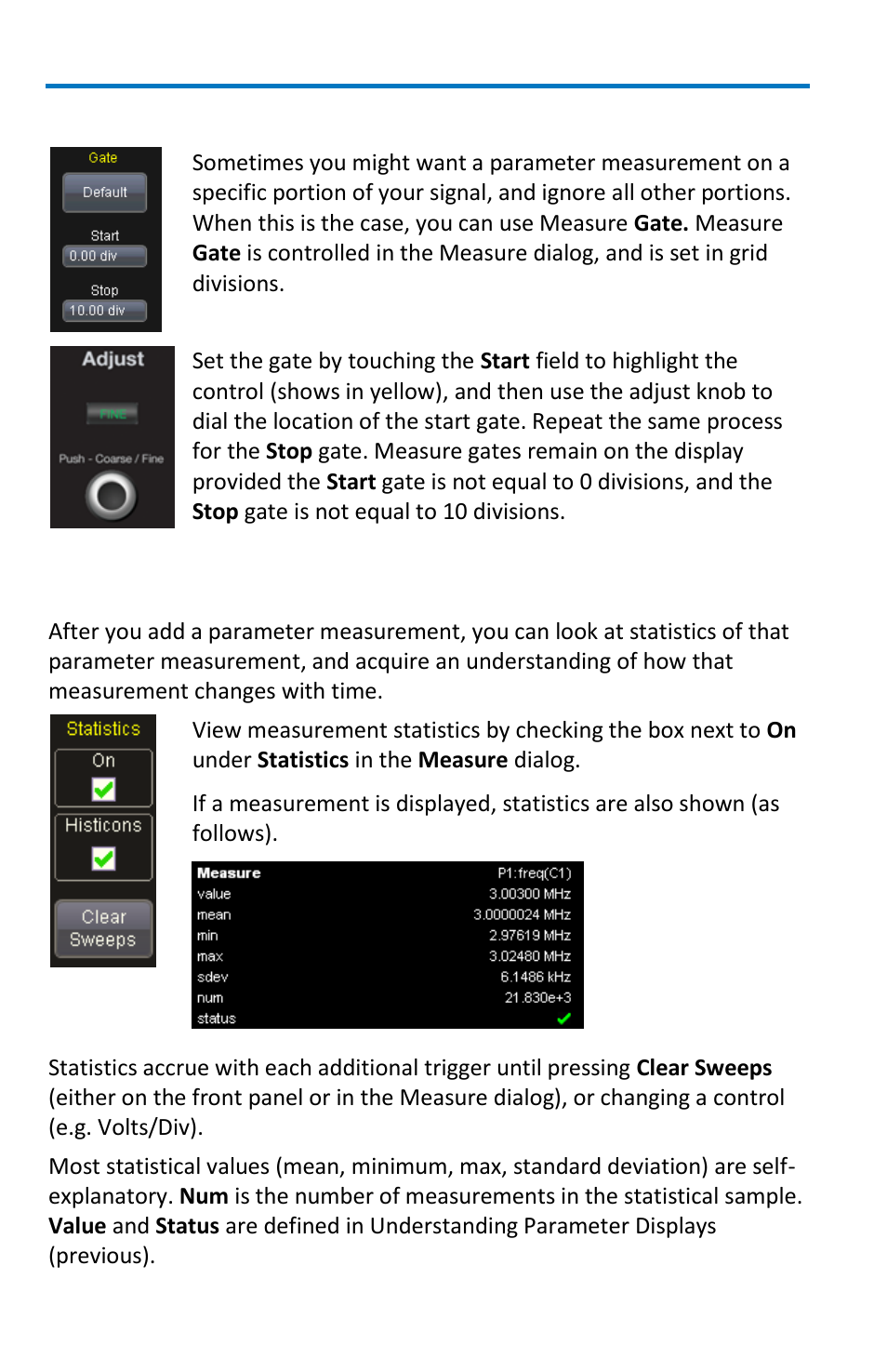 Parameter gates (windows), Measurement statistics | Teledyne LeCroy WaveSurfer MXs-B Getting Started Manual User Manual | Page 58 / 126