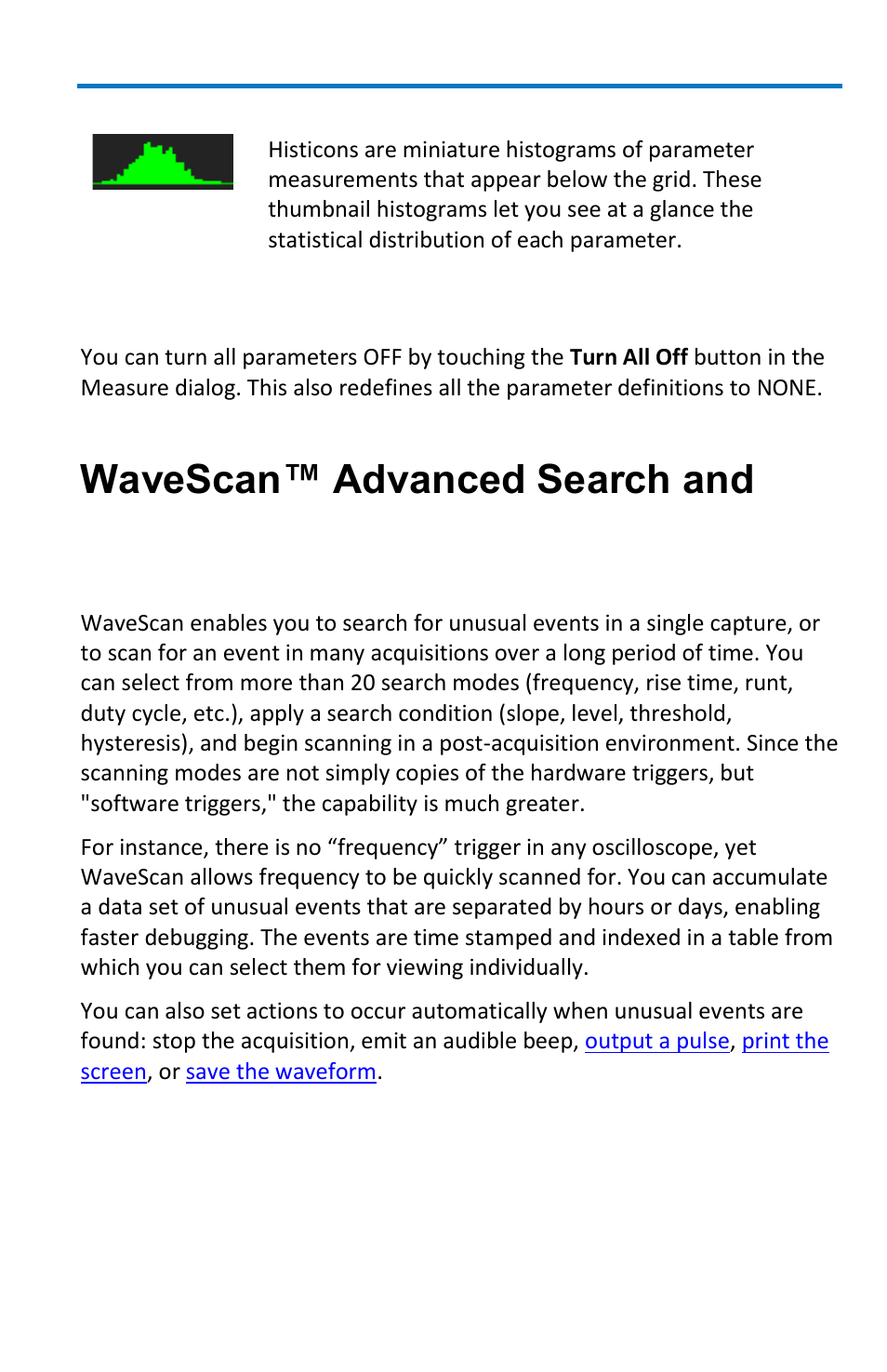 Wavescan™ advanced search and analysis, Turning off parameters, Introduction to wavescan | Viewing thumbnail histograms | Teledyne LeCroy WaveSurfer MXs-B Getting Started Manual User Manual | Page 59 / 126