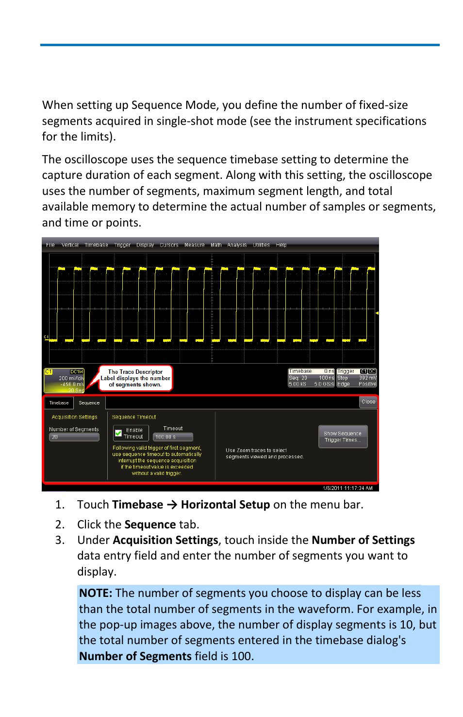 Working with sampling modes, Sequence mode setup | Teledyne LeCroy WaveSurfer MXs-B Getting Started Manual User Manual | Page 69 / 126