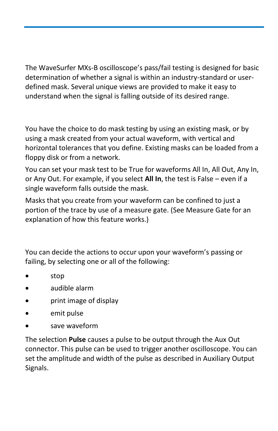 Pass/fail testing, Overview, Mask tests | Actions | Teledyne LeCroy WaveSurfer MXs-B Getting Started Manual User Manual | Page 79 / 126