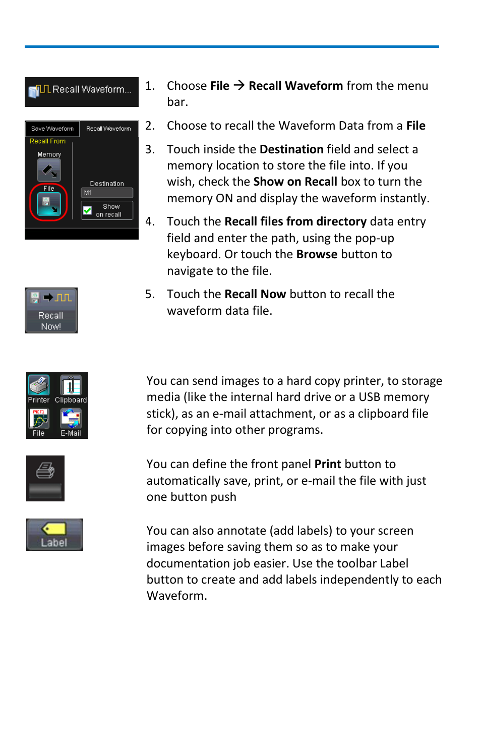 Saving screen images, Recalling waveform data | Teledyne LeCroy WaveSurfer MXs-B Getting Started Manual User Manual | Page 86 / 126