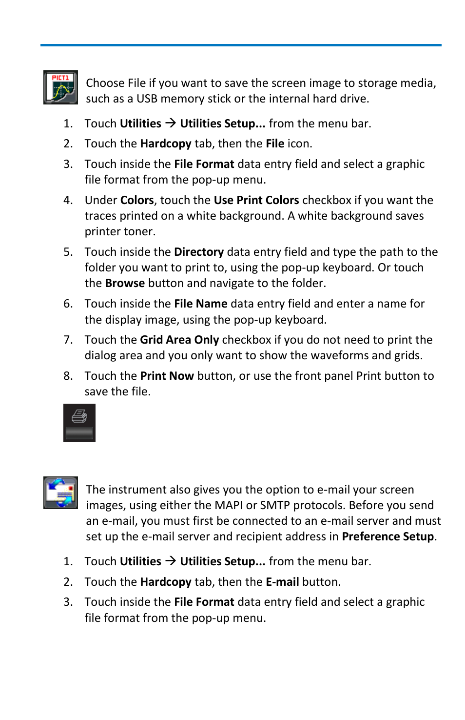 Saving the screen image to a file, Sending the screen image as an e-mail attachment | Teledyne LeCroy WaveSurfer MXs-B Getting Started Manual User Manual | Page 87 / 126