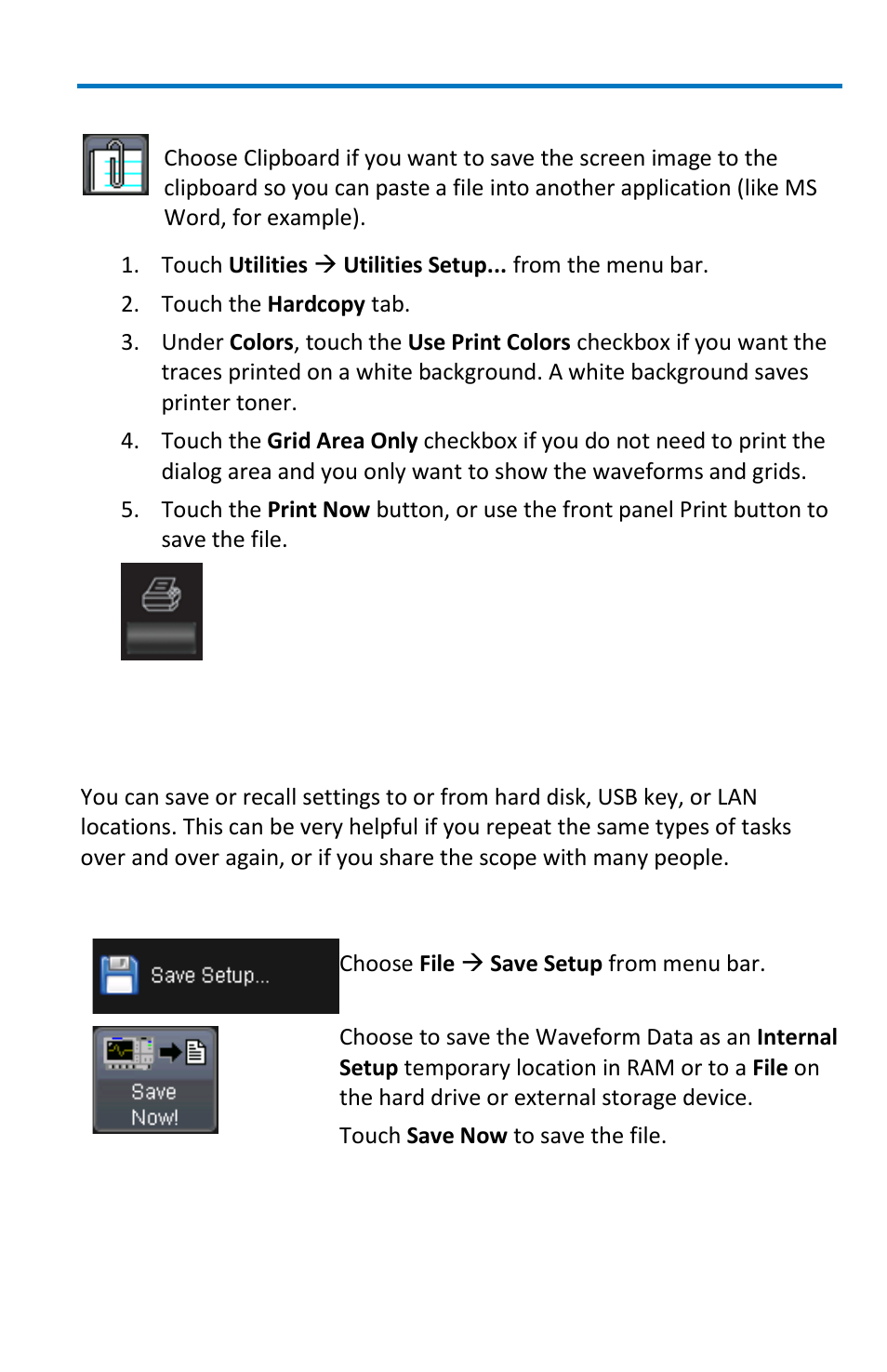 Saving and recalling setups, Saving the screen image to a clipboard, Overview | Saving oscilloscope settings as a setup file | Teledyne LeCroy WaveSurfer MXs-B Getting Started Manual User Manual | Page 89 / 126