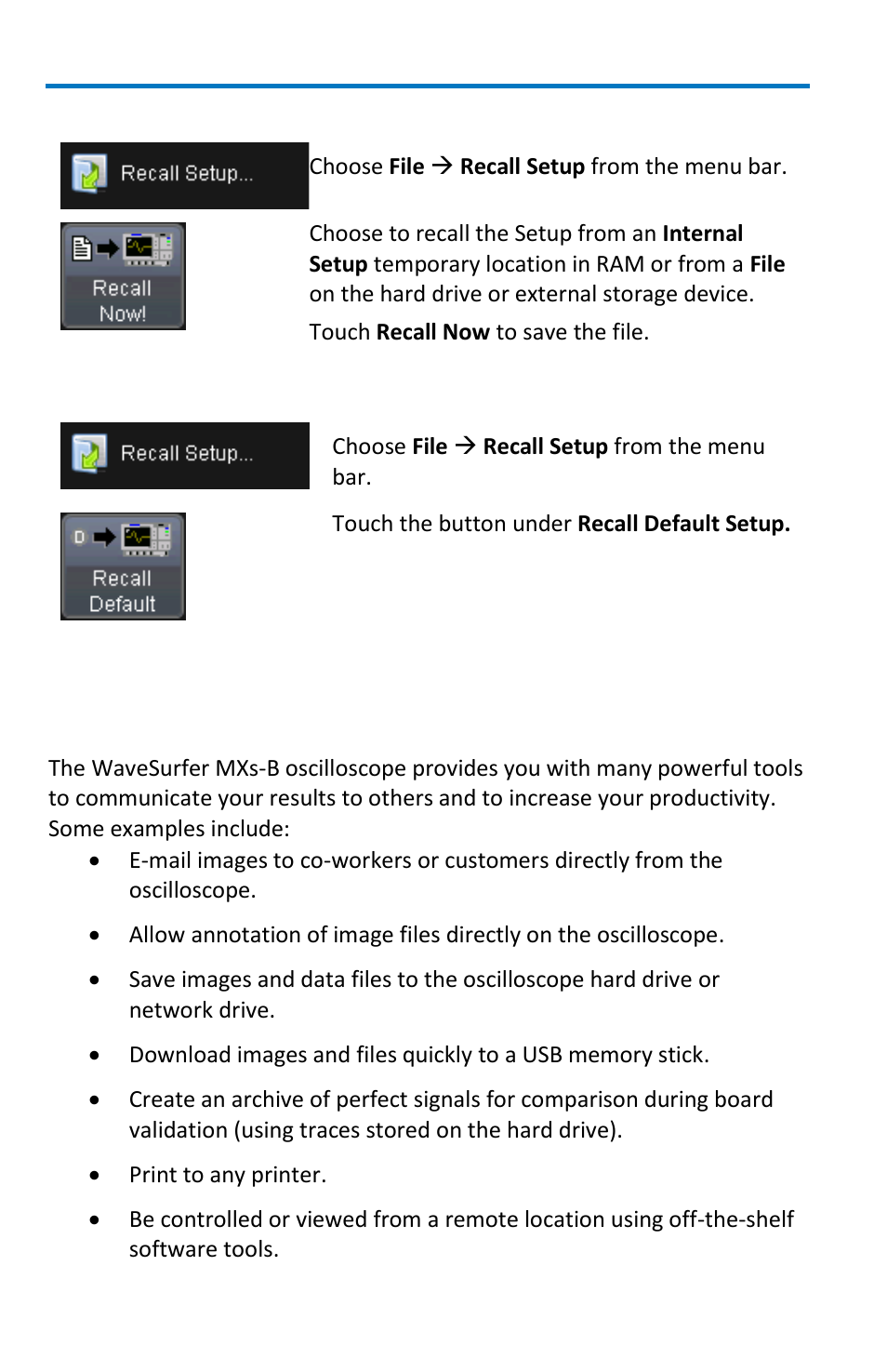 Sharing data & communicating, Overview, Recalling oscilloscope settings from a setup file | Recalling default oscilloscope settings | Teledyne LeCroy WaveSurfer MXs-B Getting Started Manual User Manual | Page 90 / 126