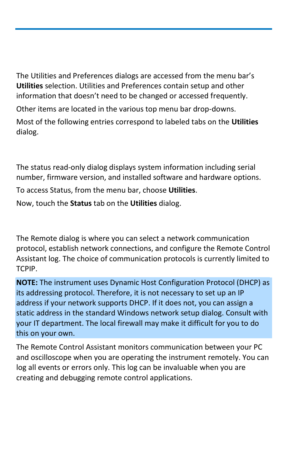 Utilities and preferences, Overview, Status | Remote communication | Teledyne LeCroy WaveSurfer MXs-B Getting Started Manual User Manual | Page 98 / 126