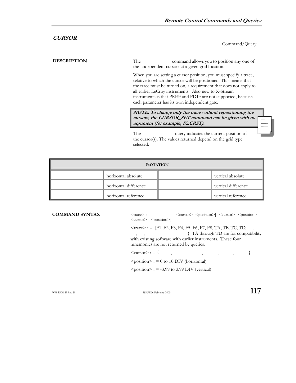 Remote control commands and queries, Cursor | Teledyne LeCroy X-STREAM OSCILLOSCOPES Remote Control User Manual | Page 123 / 305