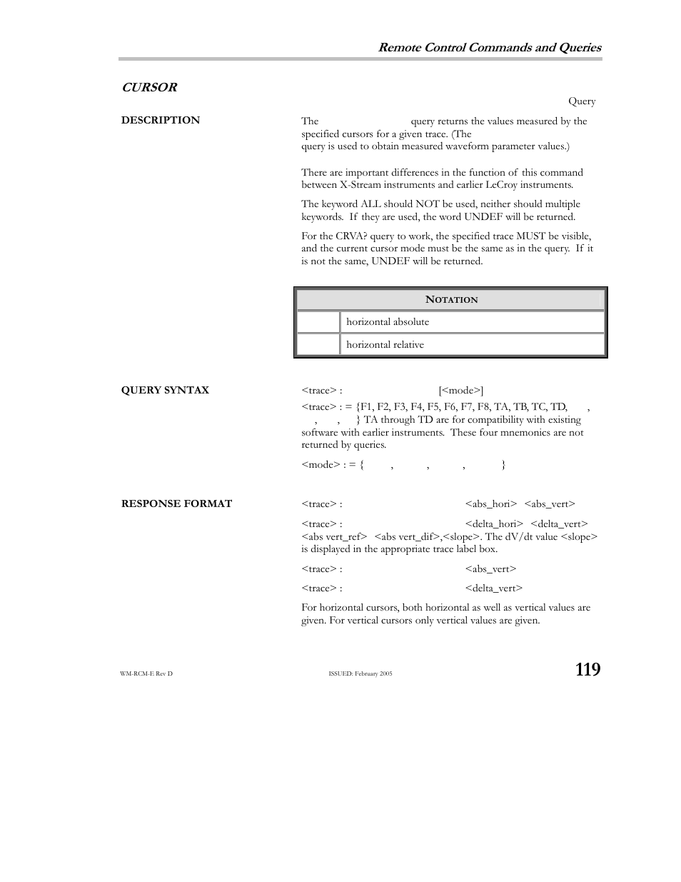 Remote control commands and queries, Cursor | Teledyne LeCroy X-STREAM OSCILLOSCOPES Remote Control User Manual | Page 125 / 305