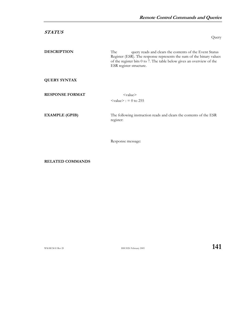 Remote control commands and queries, Status | Teledyne LeCroy X-STREAM OSCILLOSCOPES Remote Control User Manual | Page 147 / 305