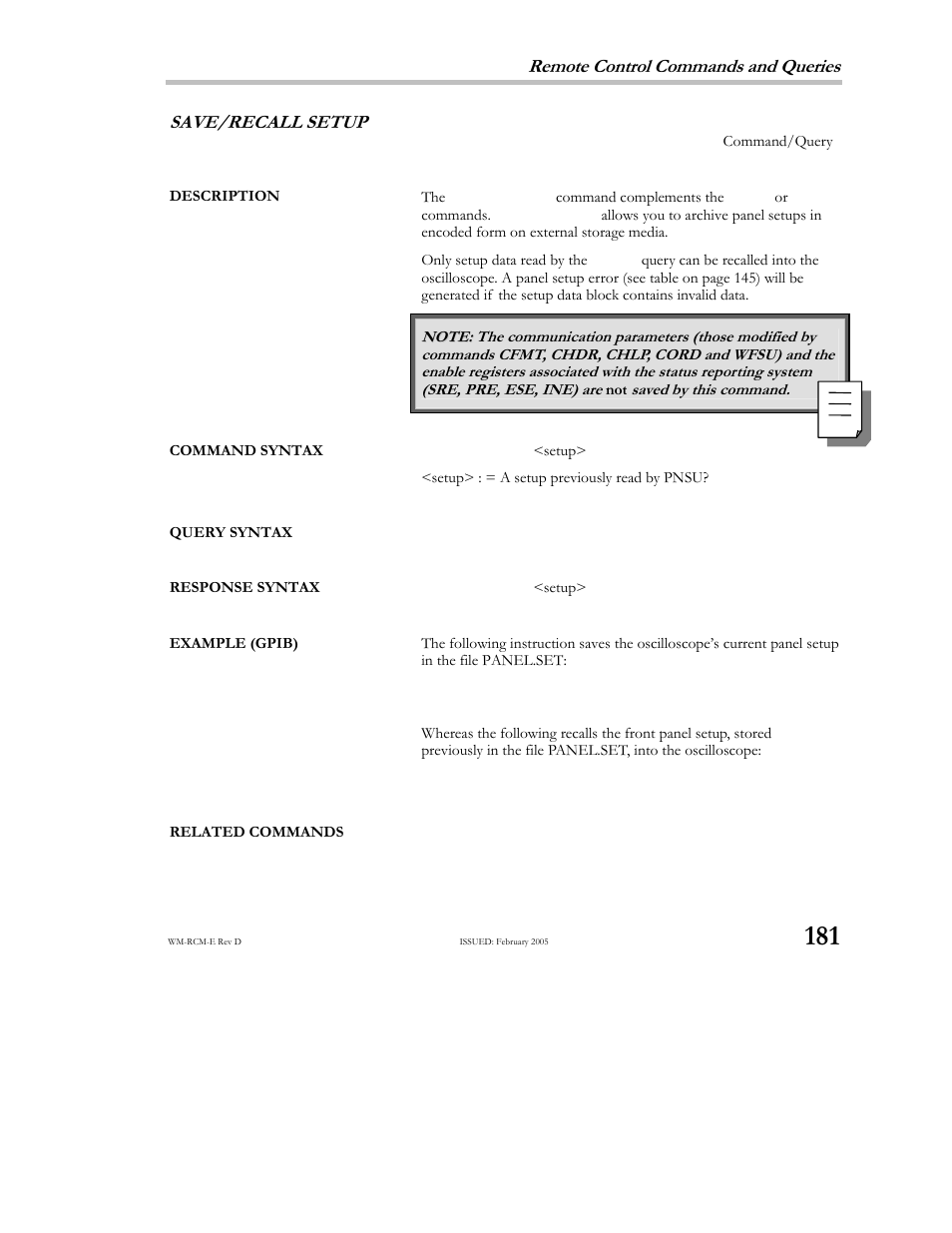 Remote control commands and queries, Save/recall, Setup | Teledyne LeCroy X-STREAM OSCILLOSCOPES Remote Control User Manual | Page 187 / 305