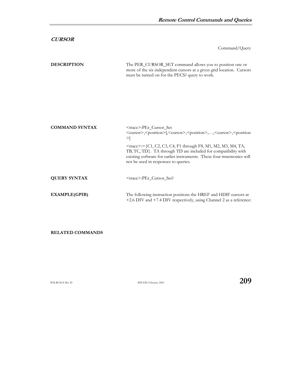 Remote control commands and queries, Cursor | Teledyne LeCroy X-STREAM OSCILLOSCOPES Remote Control User Manual | Page 215 / 305