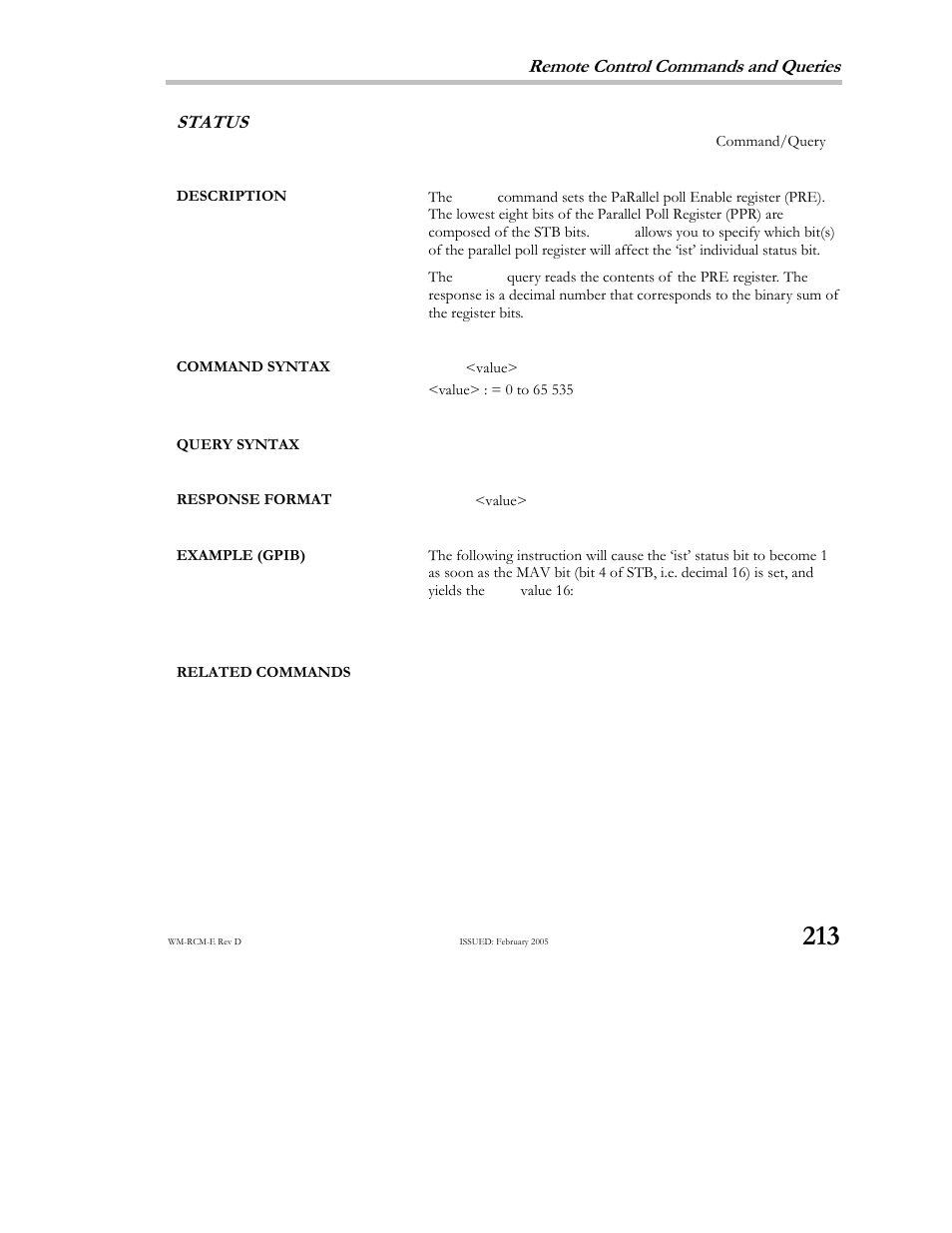 Remote control commands and queries, Status | Teledyne LeCroy X-STREAM OSCILLOSCOPES Remote Control User Manual | Page 219 / 305