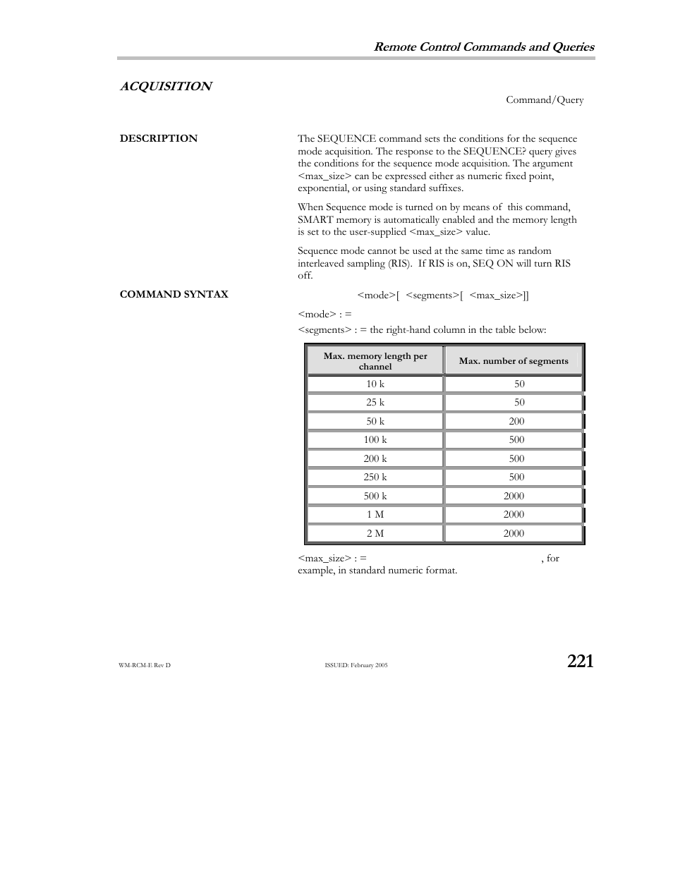 Remote control commands and queries, Acquisition | Teledyne LeCroy X-STREAM OSCILLOSCOPES Remote Control User Manual | Page 227 / 305
