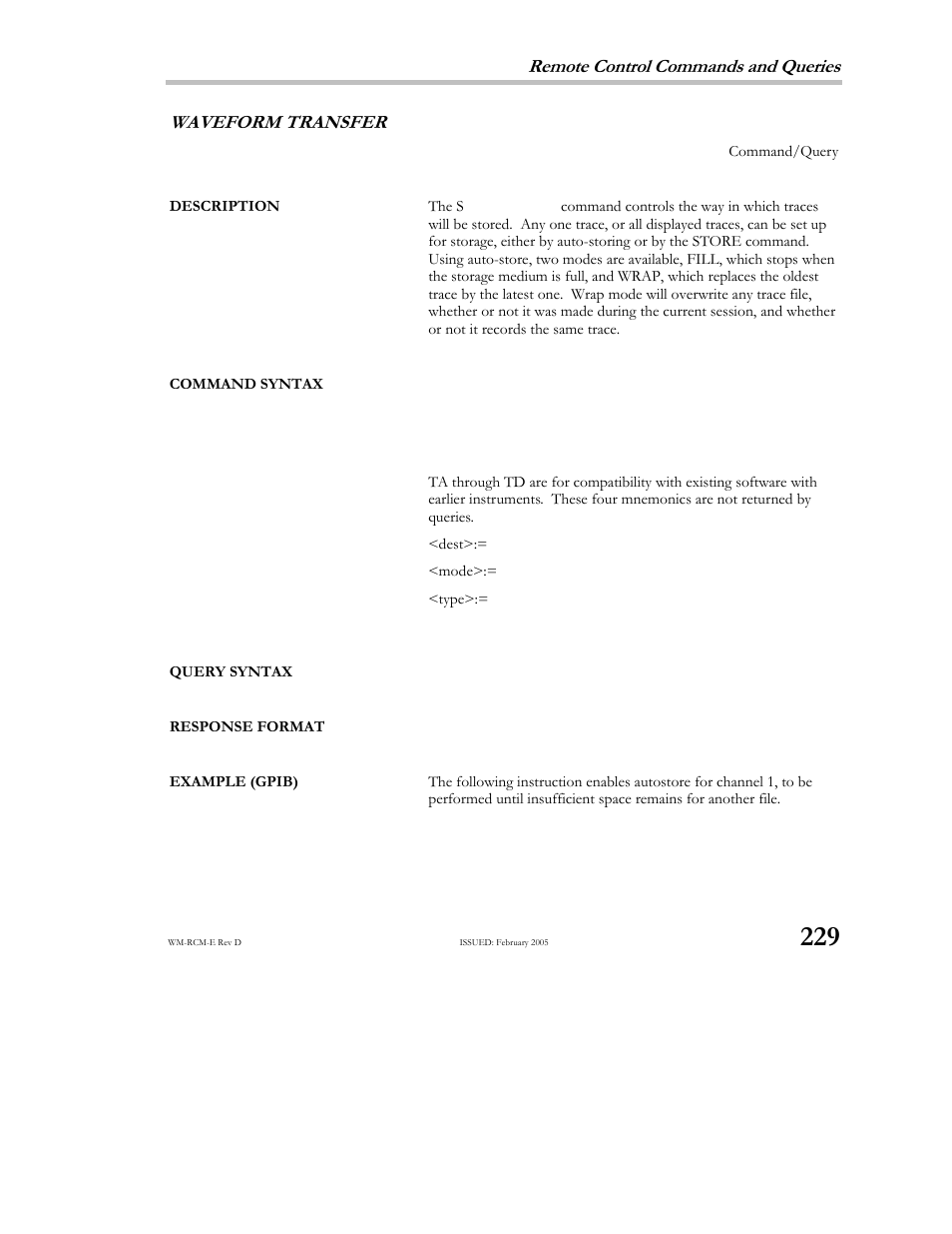 Remote control commands and queries, Waveform transfer | Teledyne LeCroy X-STREAM OSCILLOSCOPES Remote Control User Manual | Page 235 / 305