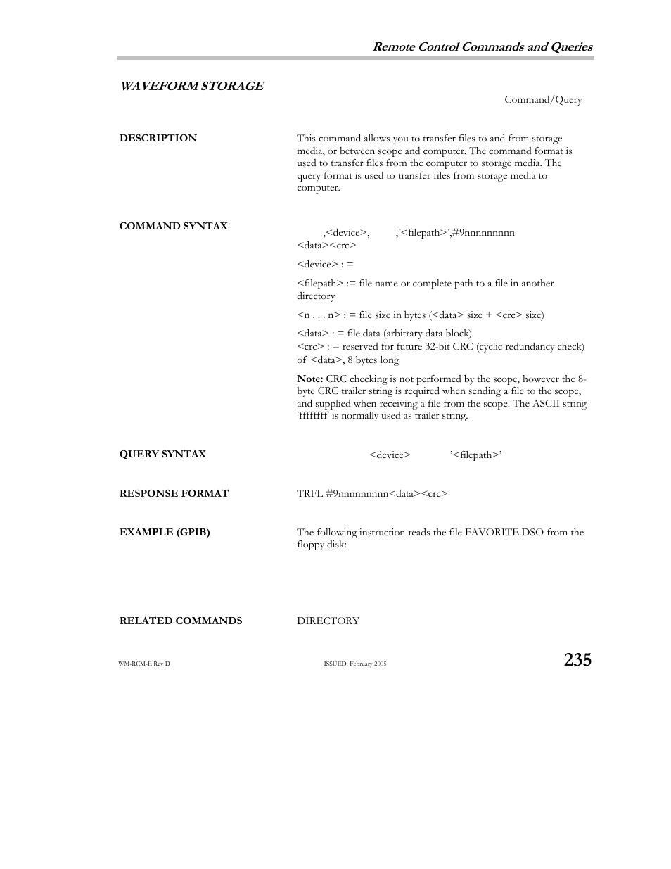 Remote control commands and queries, Waveform, Storage | Teledyne LeCroy X-STREAM OSCILLOSCOPES Remote Control User Manual | Page 241 / 305