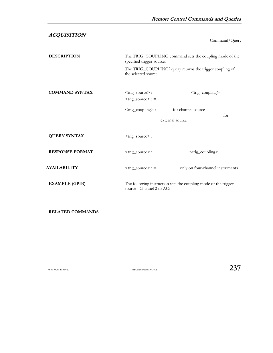 Remote control commands and queries, Acquisition | Teledyne LeCroy X-STREAM OSCILLOSCOPES Remote Control User Manual | Page 243 / 305