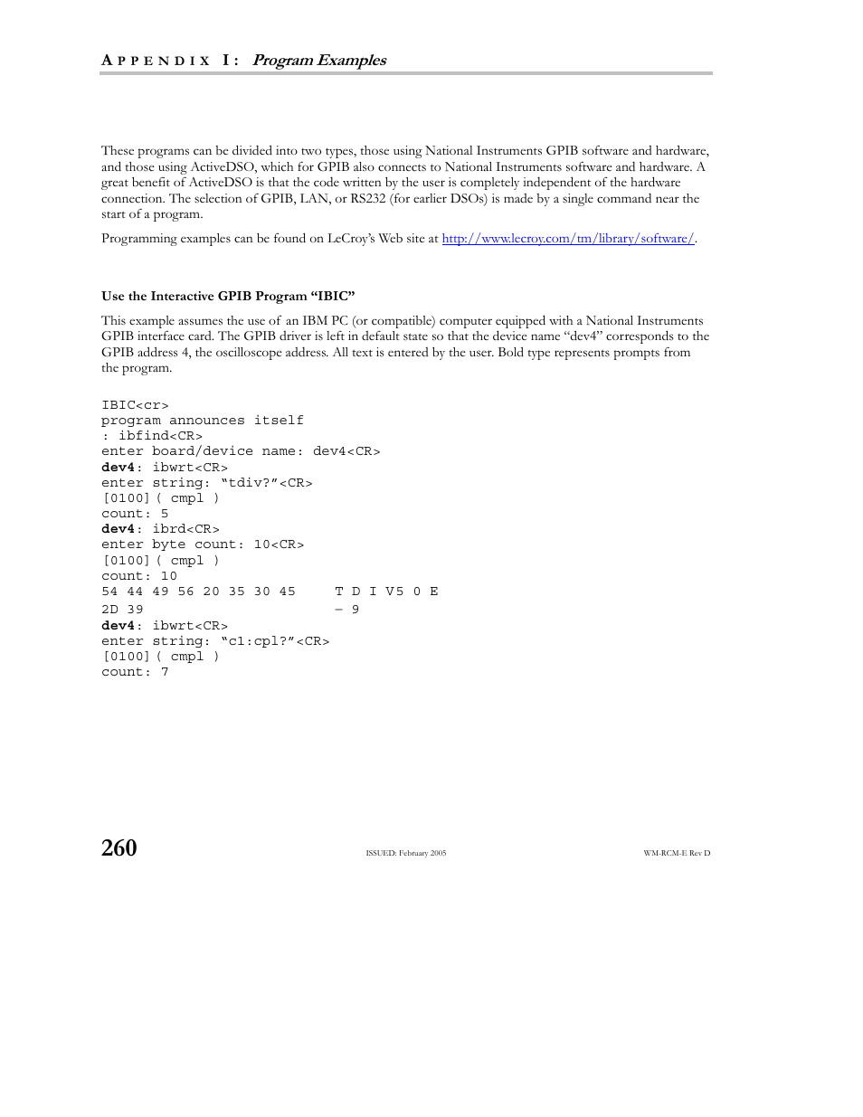 Source code example gpib-1, Use the interactive gpib program “ibic | Teledyne LeCroy X-STREAM OSCILLOSCOPES Remote Control User Manual | Page 266 / 305