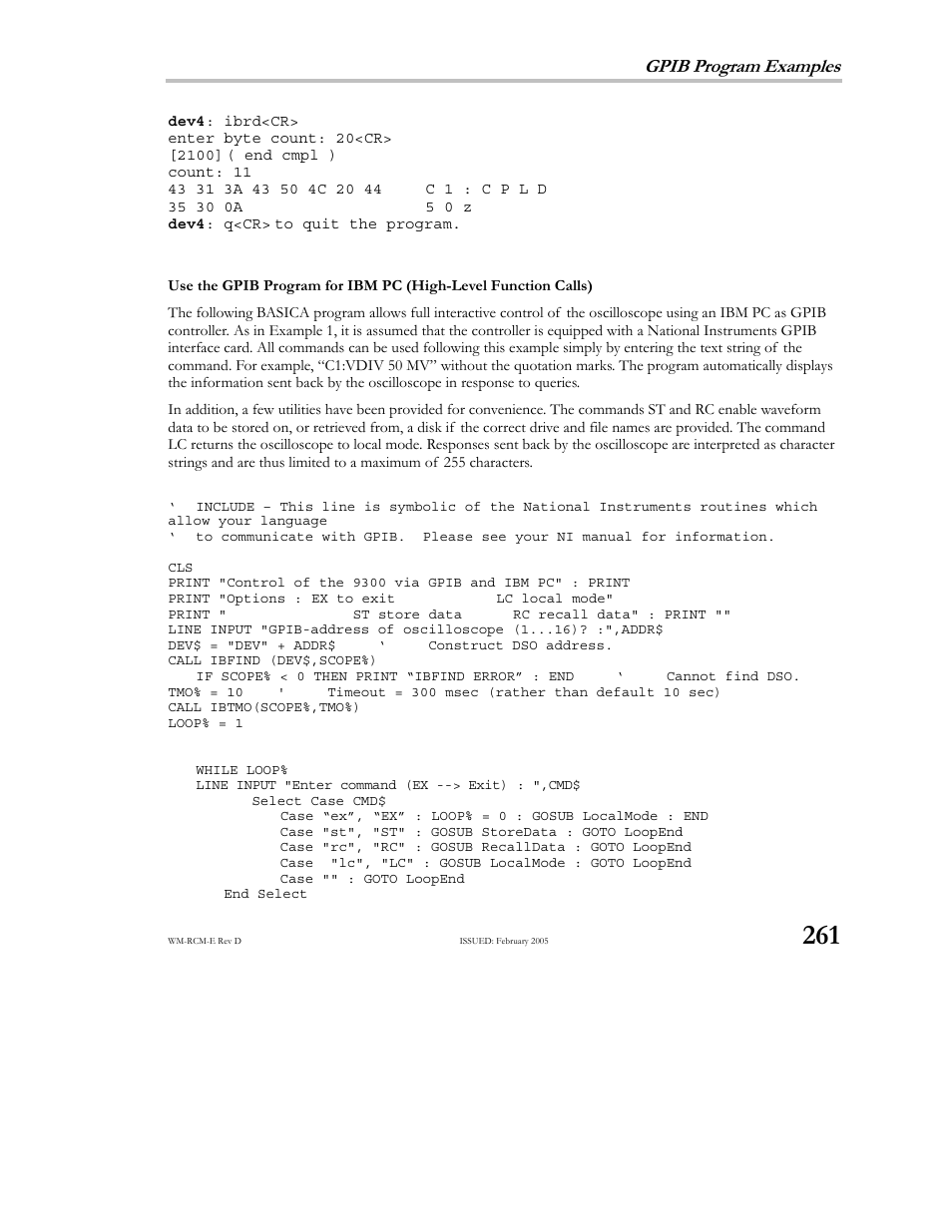 Source code example gpib-2, Gpib program examples | Teledyne LeCroy X-STREAM OSCILLOSCOPES Remote Control User Manual | Page 267 / 305