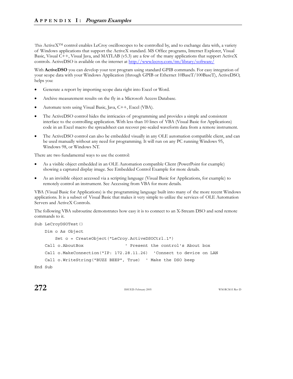 Introduction to activedso, Program examples | Teledyne LeCroy X-STREAM OSCILLOSCOPES Remote Control User Manual | Page 278 / 305