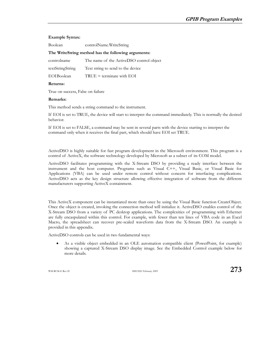 Using activedso instantiation, Gpib program examples | Teledyne LeCroy X-STREAM OSCILLOSCOPES Remote Control User Manual | Page 279 / 305