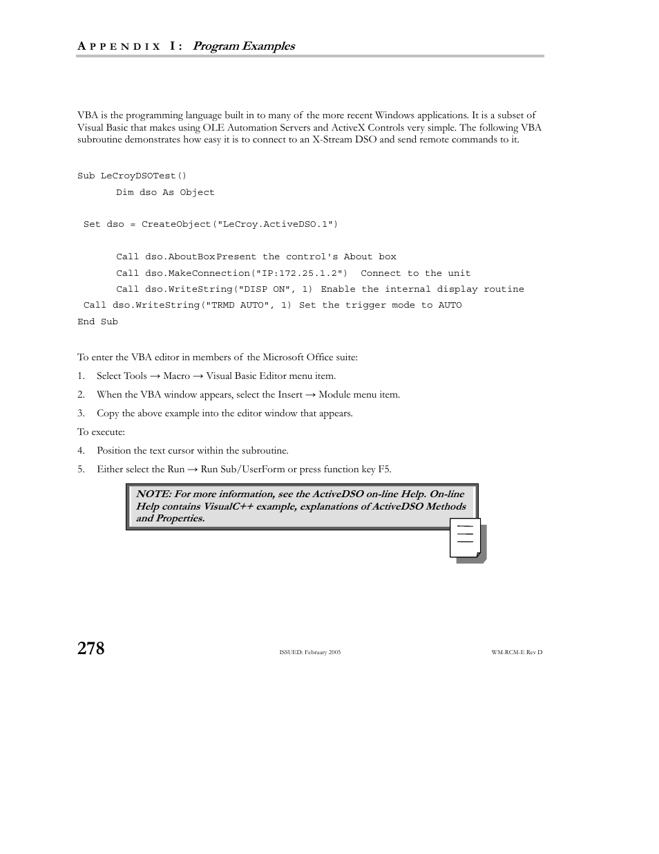Example in vba, Program examples | Teledyne LeCroy X-STREAM OSCILLOSCOPES Remote Control User Manual | Page 284 / 305