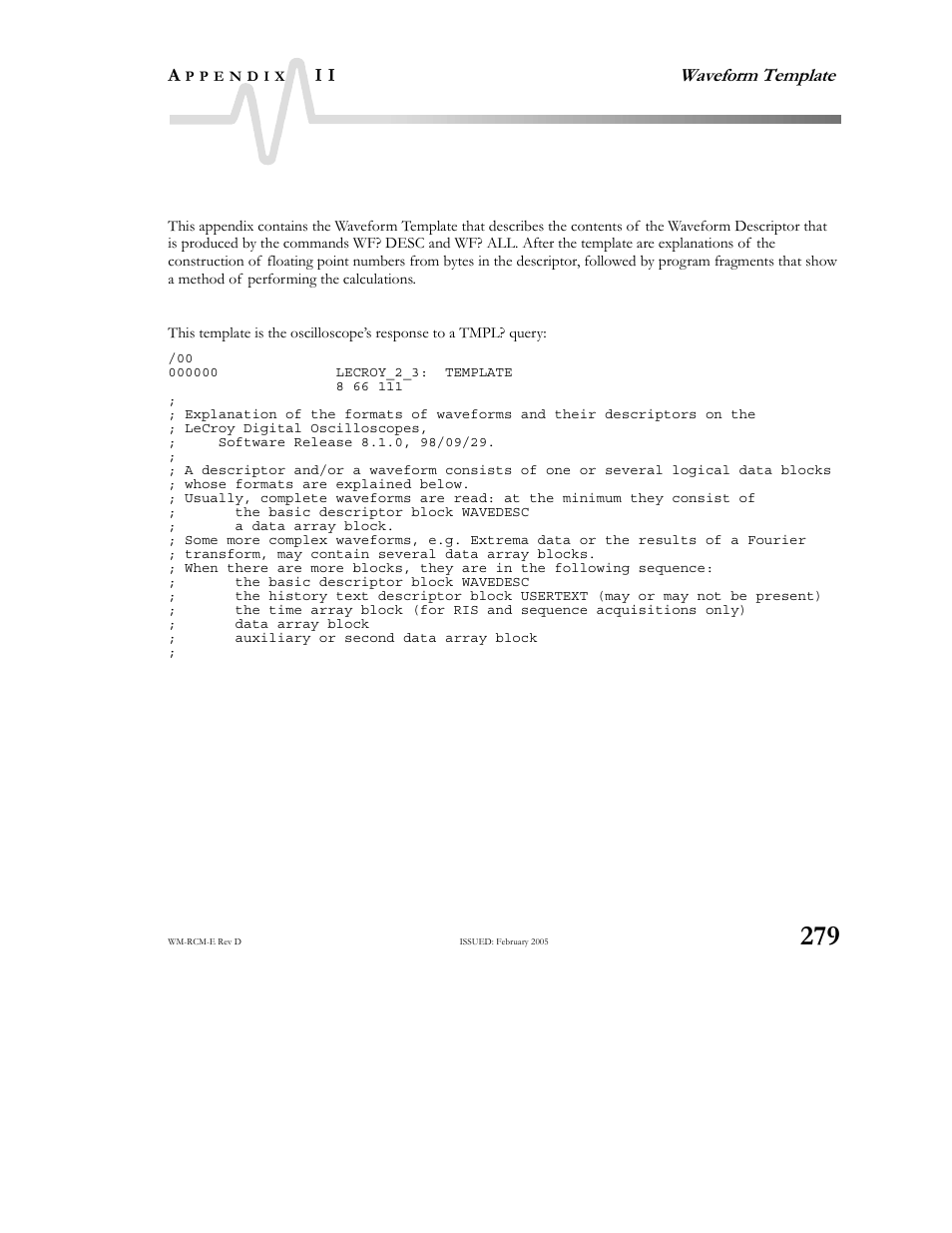 Appendix ii , waveform template, Waveform template | Teledyne LeCroy X-STREAM OSCILLOSCOPES Remote Control User Manual | Page 285 / 305