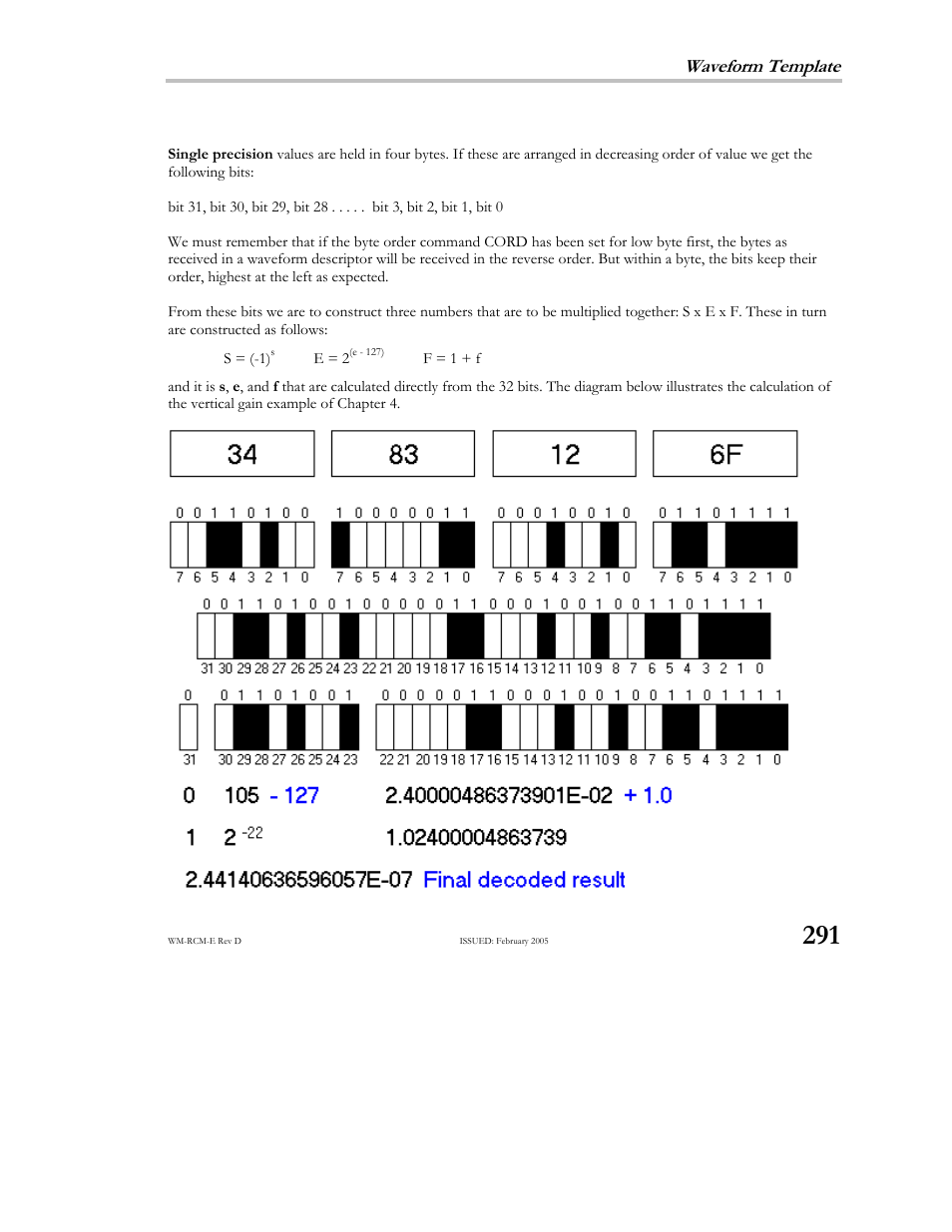 Decoding floating point numbers, Waveform template | Teledyne LeCroy X-STREAM OSCILLOSCOPES Remote Control User Manual | Page 297 / 305