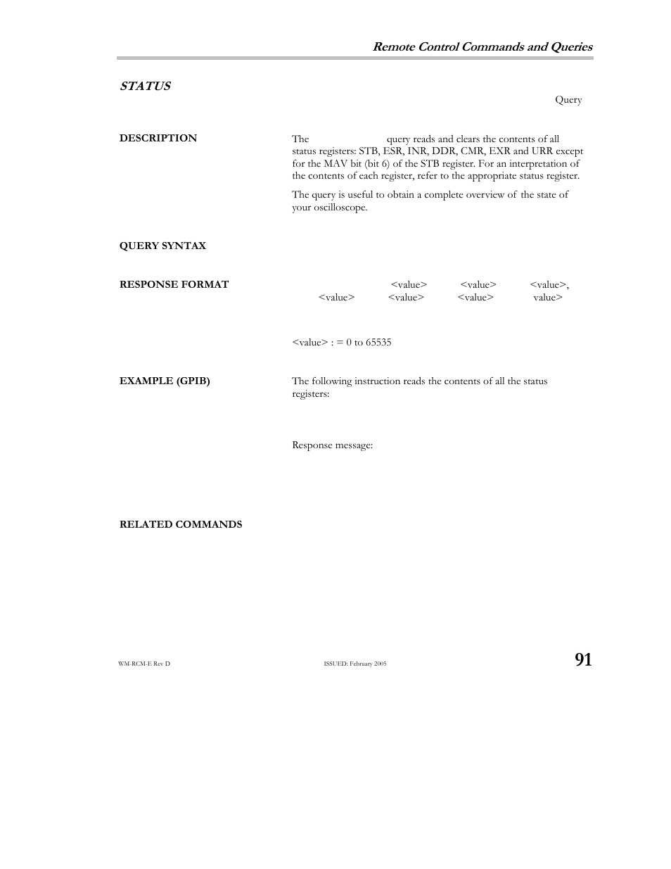 Remote control commands and queries, Status | Teledyne LeCroy X-STREAM OSCILLOSCOPES Remote Control User Manual | Page 97 / 305