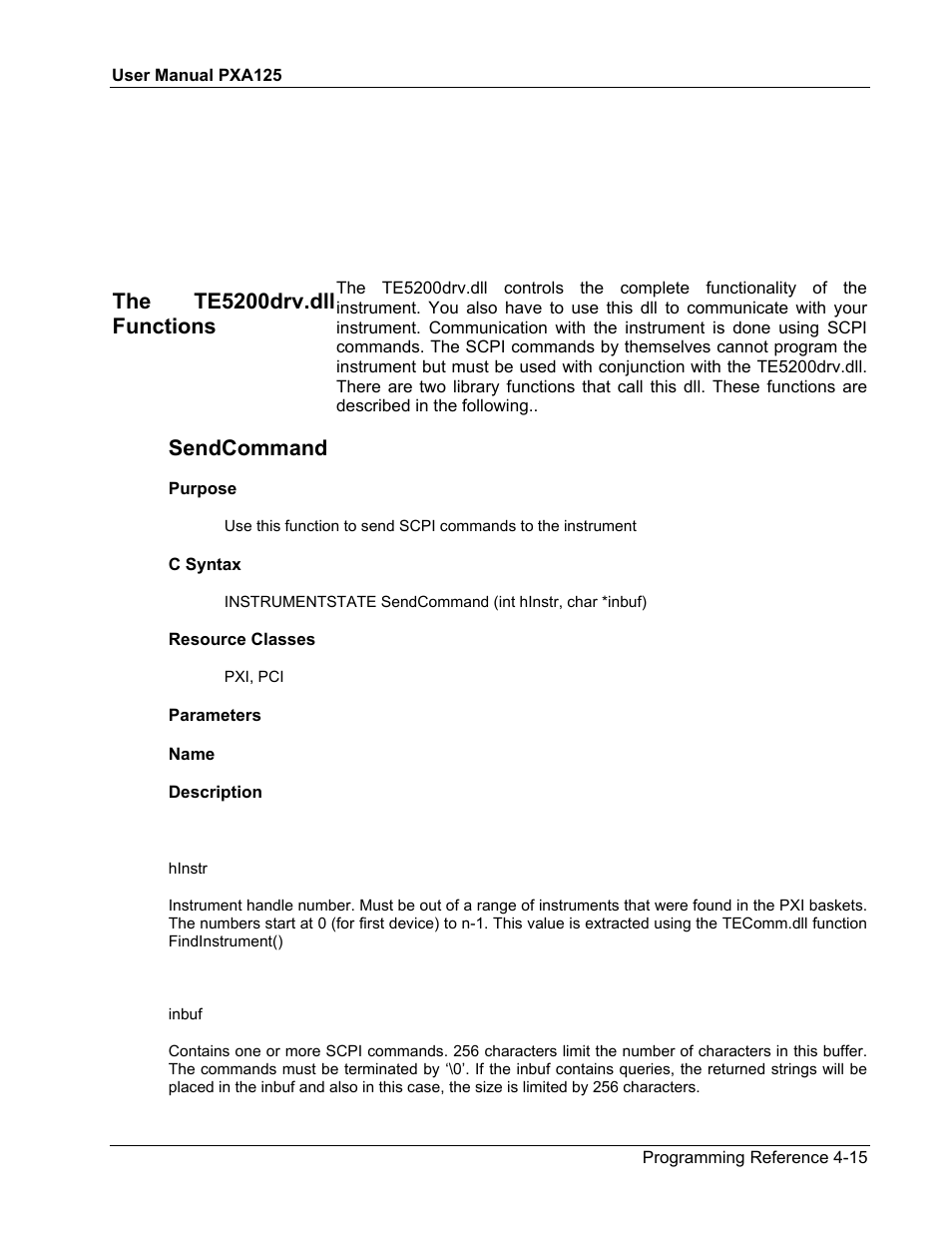The te5200drv.dll functions, Sendcommand | Teledyne LeCroy PXA125 User Manual | Page 133 / 219