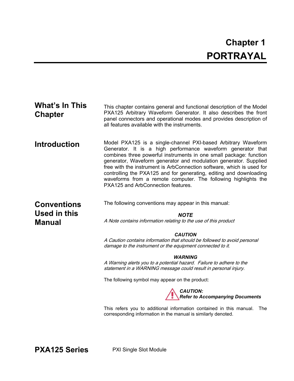 Chapter 1 - portrayal, What’s in this chapter -1, Introduction -1 | Conventions used in this manual -1, Portrayal, Chapter 1, What’s in this chapter, Introduction, Conventions used in this manual, Pxa125 series | Teledyne LeCroy PXA125 User Manual | Page 15 / 219