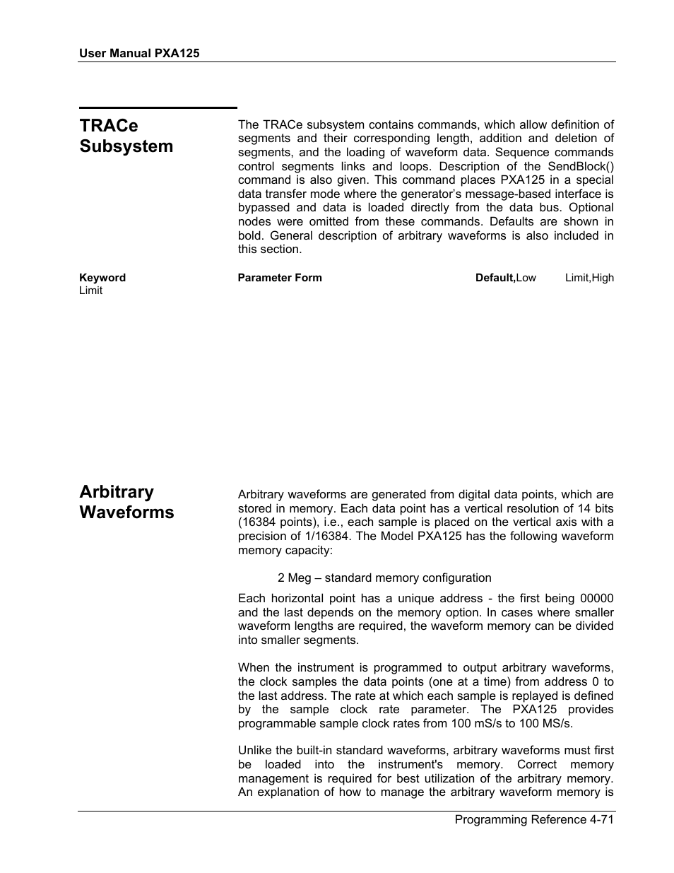 Trace subsystem, Arbitrary waveforms | Teledyne LeCroy PXA125 User Manual | Page 189 / 219
