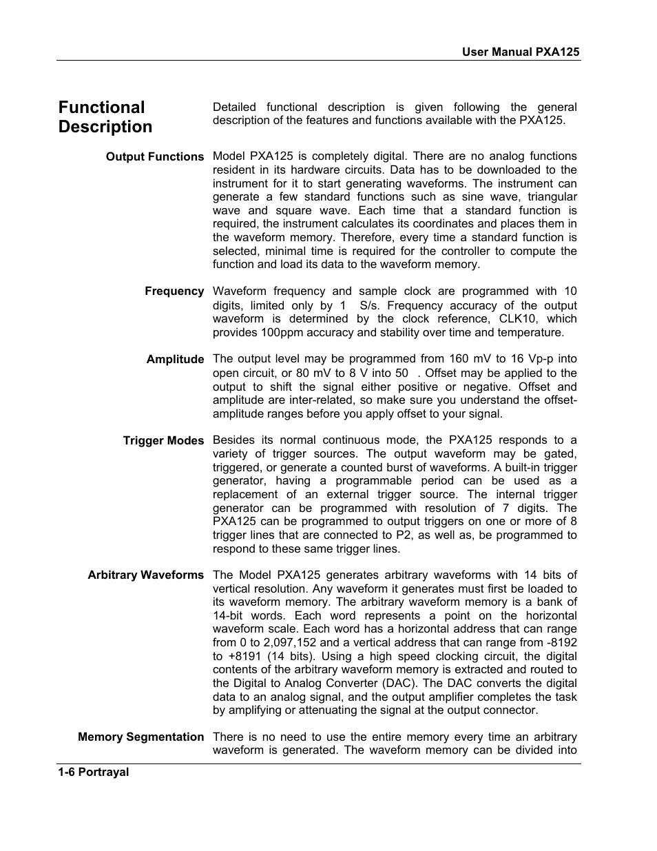 Functional description -6, Output function -6, Frequency -6 | Amplitude -6, Trigger modes -6, Arbitrary waveforms -6, Functional description | Teledyne LeCroy PXA125 User Manual | Page 20 / 219