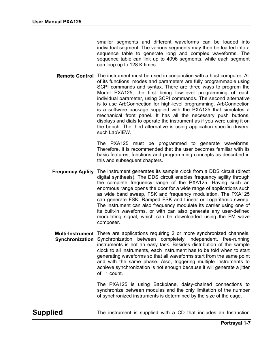 Memory segmentation -7, Remote control -7, Frequency agility -7 | Multi instrument synchronization -7, Supplied | Teledyne LeCroy PXA125 User Manual | Page 21 / 219