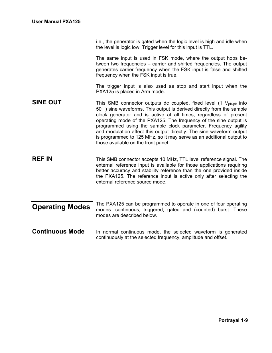 Sine out -9, Ref in -9, Operating modes -9 | Continuous mode -9, Operating modes | Teledyne LeCroy PXA125 User Manual | Page 23 / 219