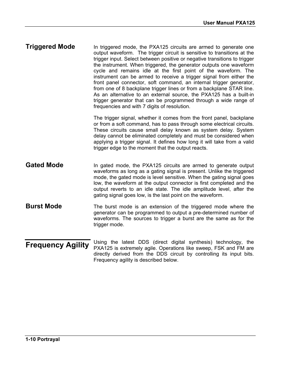 Triggered mode -10, Gated mode -10, Burst mode -10 | Frequency agility -10, Frequency agility | Teledyne LeCroy PXA125 User Manual | Page 24 / 219