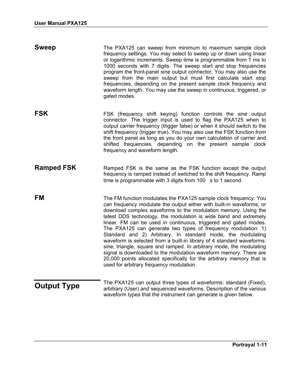 Sweep -11, Fsk -11, Ramped fsk -11 | Fm -11, Output type -11, Output type | Teledyne LeCroy PXA125 User Manual | Page 25 / 219