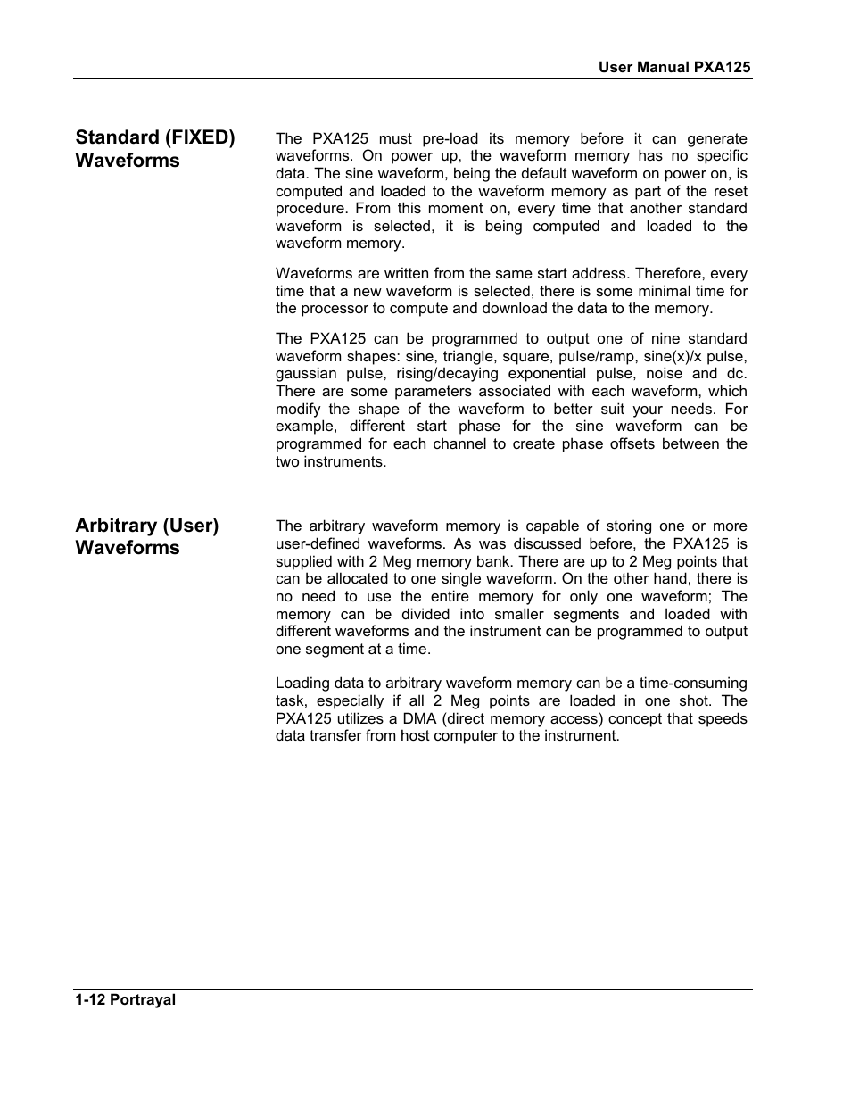 Standard (fixed) waveforms -12, Arbitrary (user) waveforms -12 | Teledyne LeCroy PXA125 User Manual | Page 26 / 219