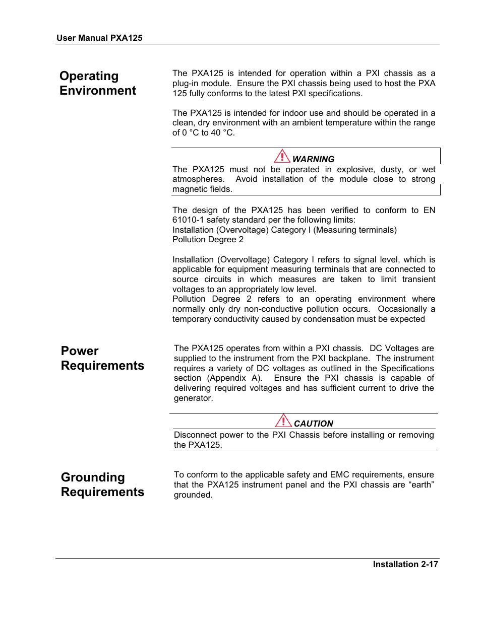 Operating environment, Power requirements, Grounding requirements | Teledyne LeCroy PXA125 User Manual | Page 31 / 219