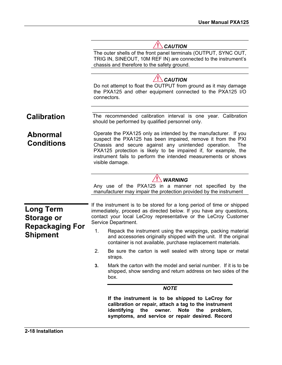 Calibration, Abnormal conditions, Long term storage or repackaging for shipment | Teledyne LeCroy PXA125 User Manual | Page 32 / 219