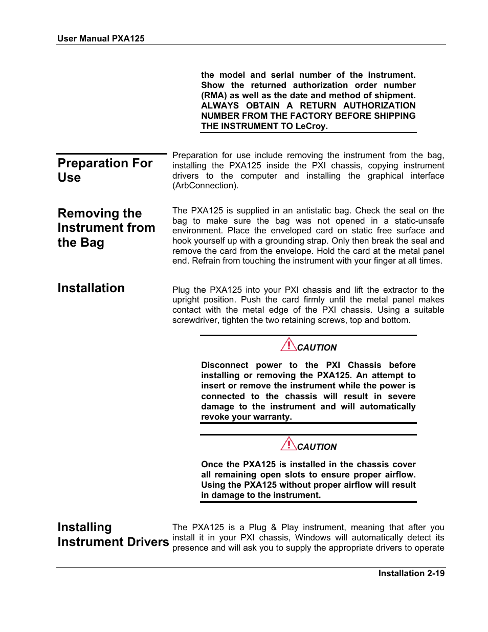 Preparation for use, Installation, Installing instrument drivers | Removing the instrument from the bag | Teledyne LeCroy PXA125 User Manual | Page 33 / 219