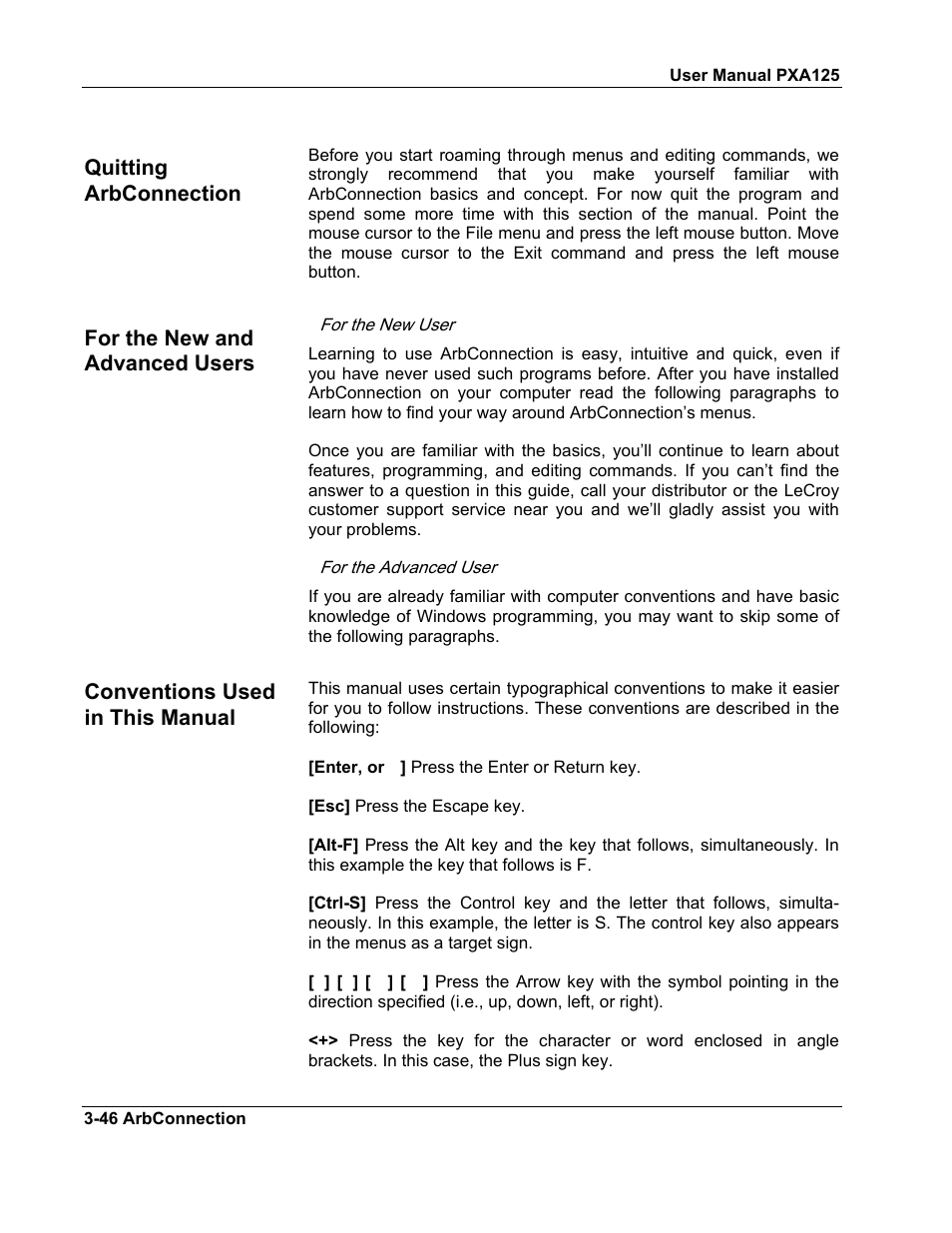 Quitting arbconnection, For the new and advanced users, Conventions used in this manual | Teledyne LeCroy PXA125 User Manual | Page 60 / 219