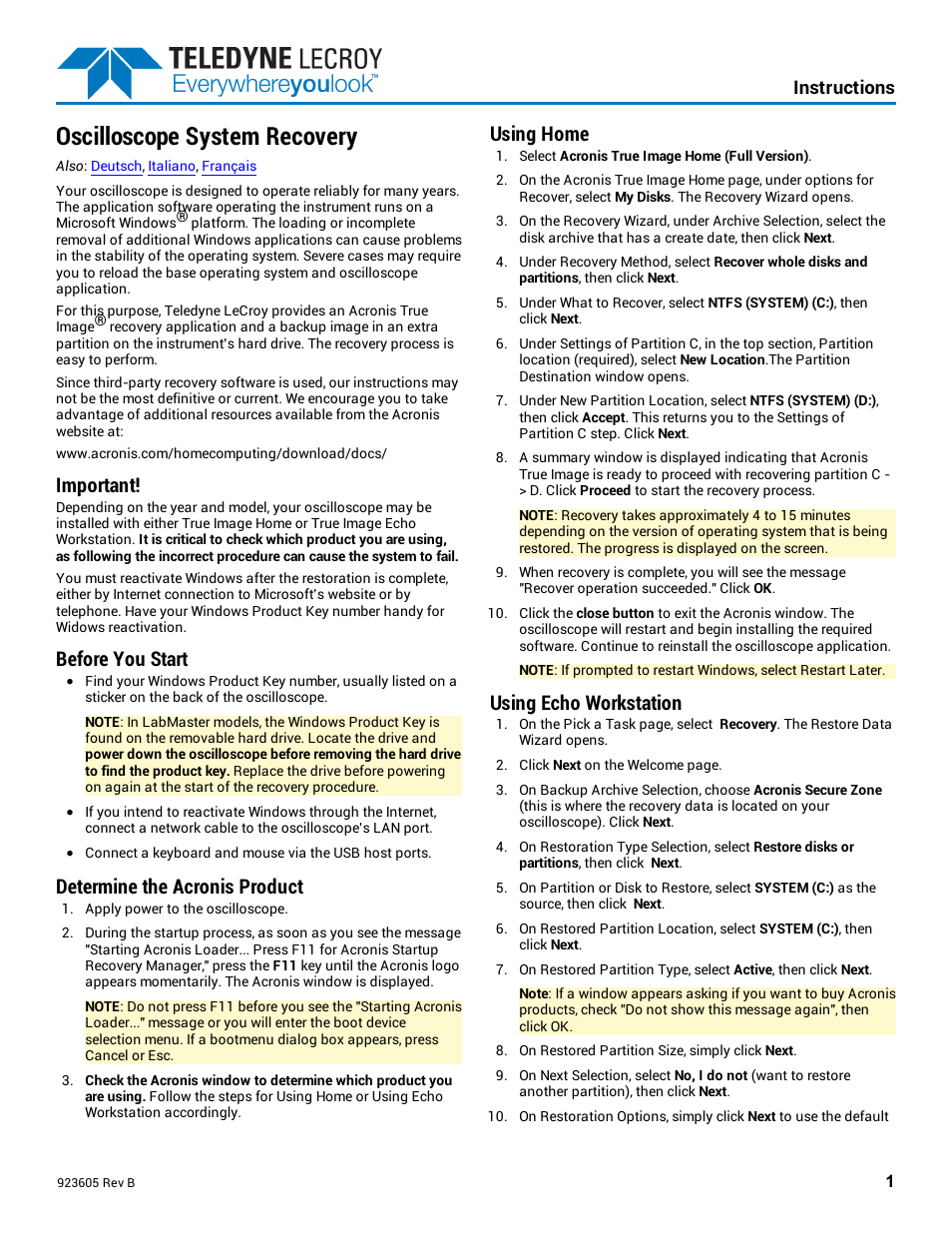 Teledyne LeCroy Oscilloscope System Recovery User Manual | 8 pages