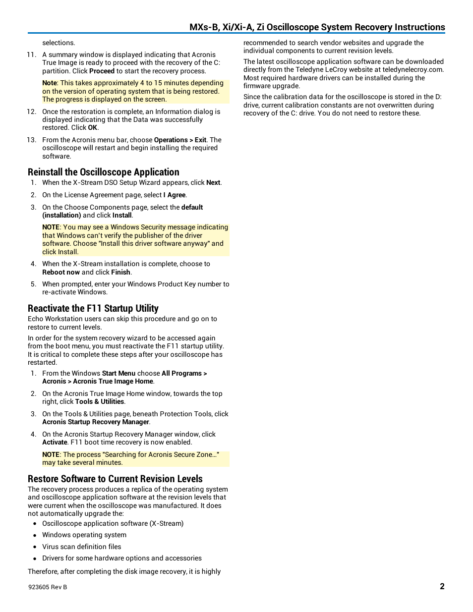 Reinstall the oscilloscope application, Reactivate the f11 startup utility, Restore software to current revision levels | Teledyne LeCroy Oscilloscope System Recovery User Manual | Page 2 / 8