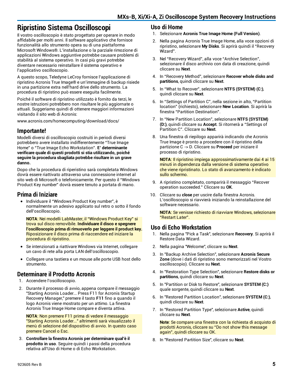 Ripristino sistema oscilloscopi, Importante, Prima di iniziare | Determinare il prodotto acronis, Uso di home, Uso di echo workstation, Italiano | Teledyne LeCroy Oscilloscope System Recovery User Manual | Page 5 / 8