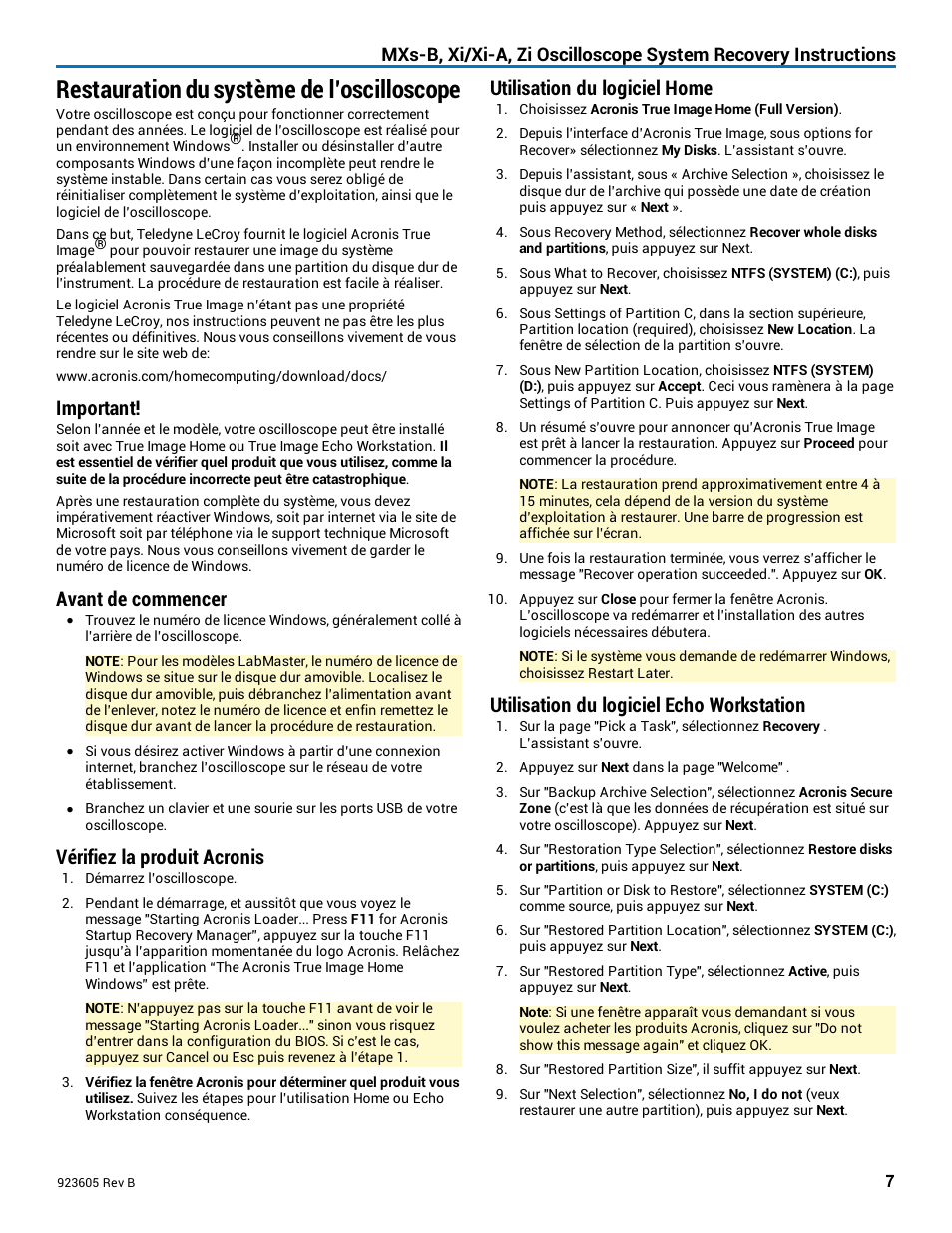 Restauration du système de l’oscilloscope, Important, Avant de commencer | Vérifiez la produit acronis, Utilisation du logiciel home, Utilisation du logiciel echo workstation, Français | Teledyne LeCroy Oscilloscope System Recovery User Manual | Page 7 / 8