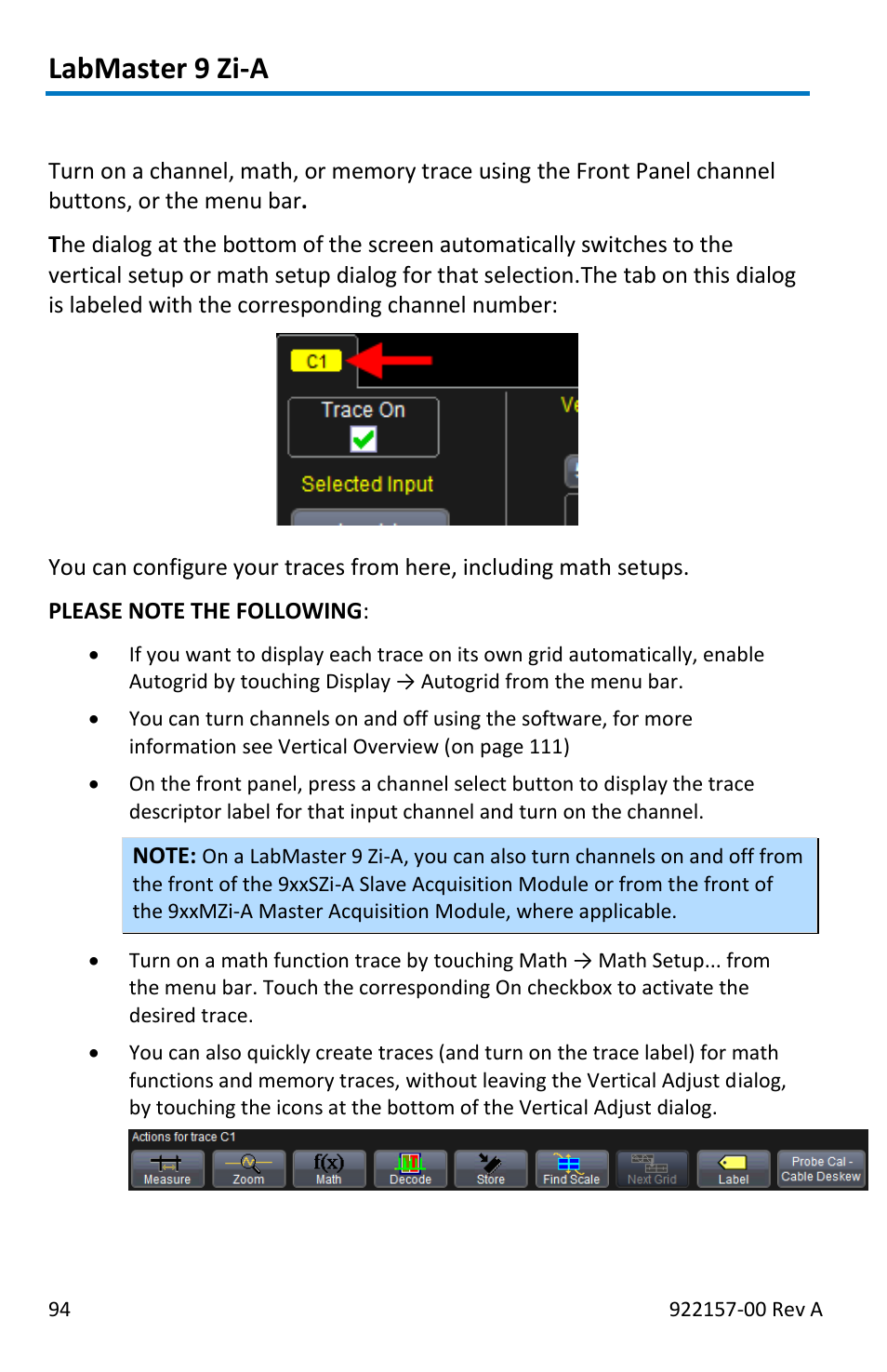 Turning on channels and traces, Labmaster 9 zi-a | Teledyne LeCroy LabMaster 9Zi-A User Manual | Page 102 / 264