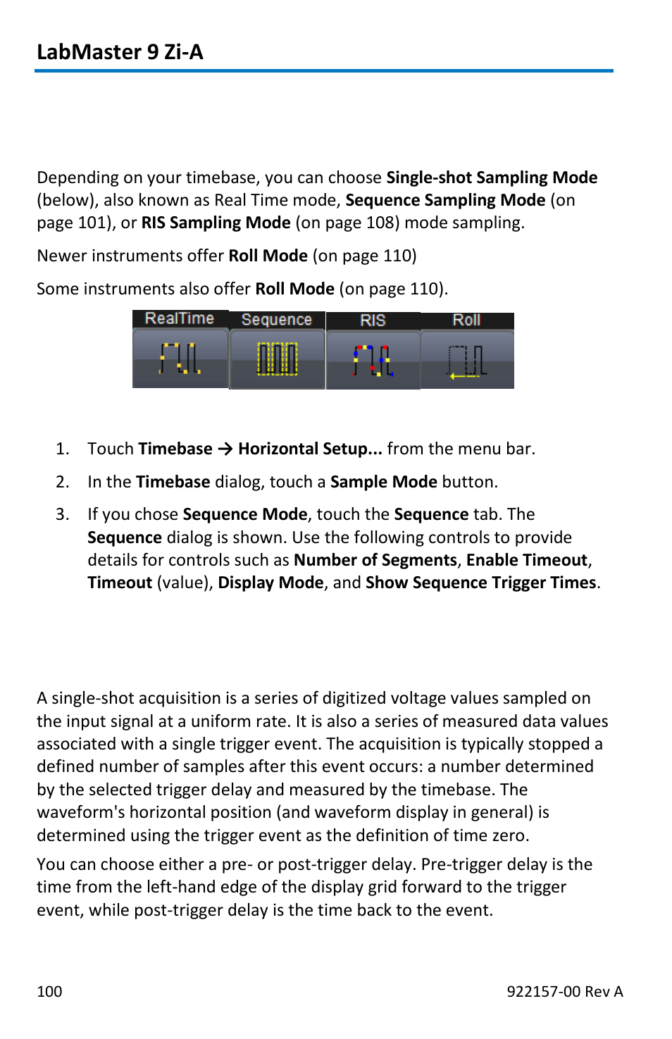 Sampling modes, Labmaster 9 zi-a, Sampling modes overview | Selecting a sampling mode, Single-shot sampling mode | Teledyne LeCroy LabMaster 9Zi-A User Manual | Page 108 / 264