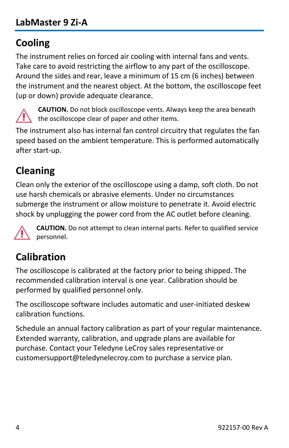 Cooling, Cleaning, Calibration | Labmaster 9 zi-a | Teledyne LeCroy LabMaster 9Zi-A User Manual | Page 12 / 264