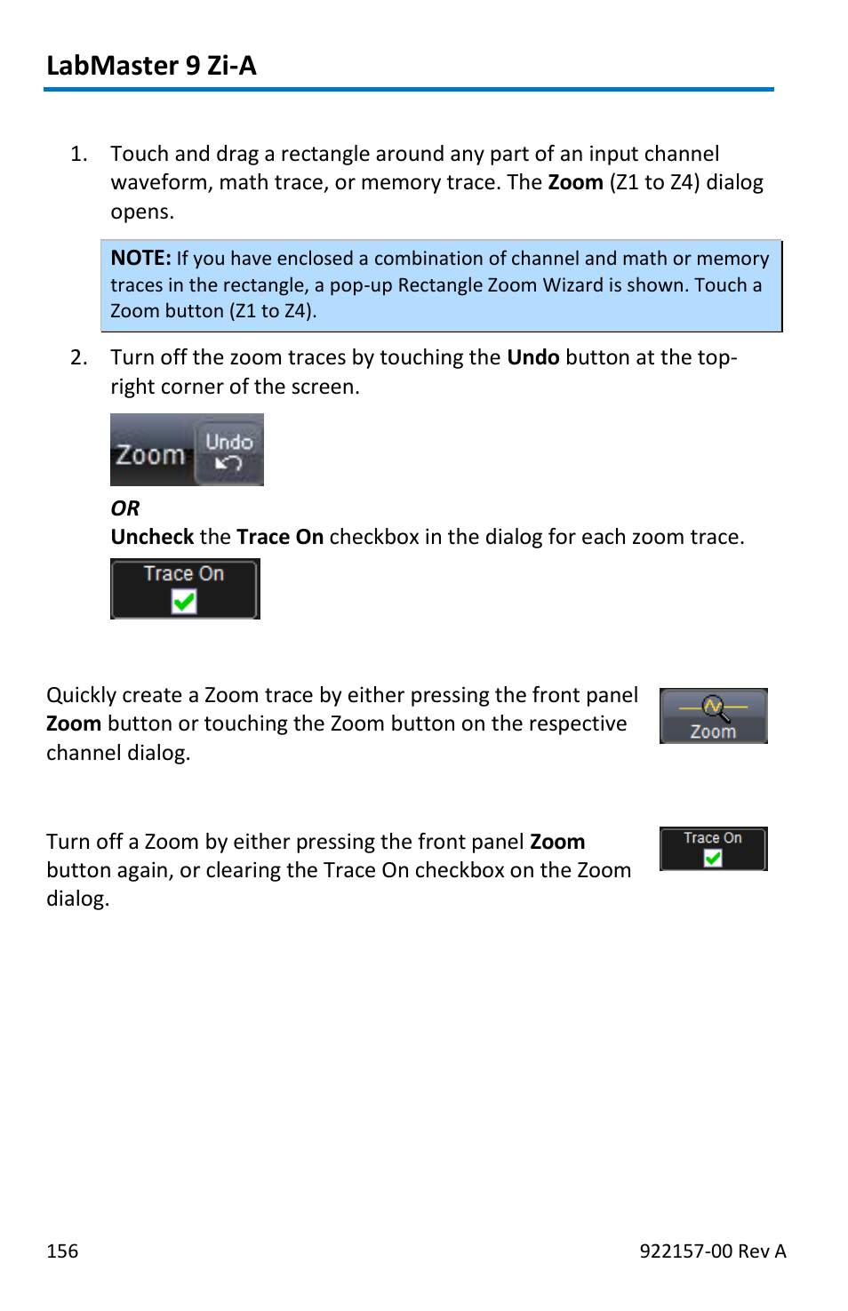 Labmaster 9 zi-a, Touch-and-drag zooming, Quickly zooming waveforms | Turning off zoom | Teledyne LeCroy LabMaster 9Zi-A User Manual | Page 164 / 264